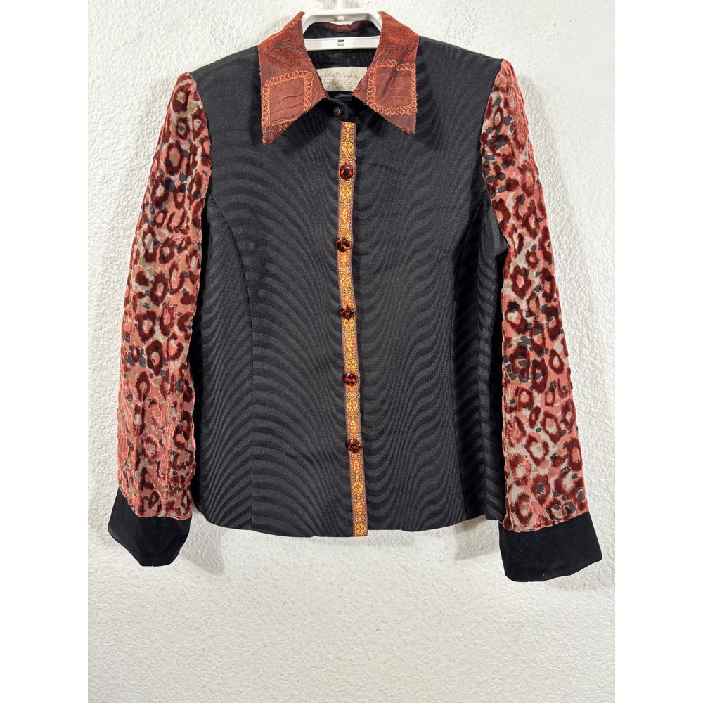 Taylor G Top Women M‎ Black Leopard Print Velvet Trim Y2K